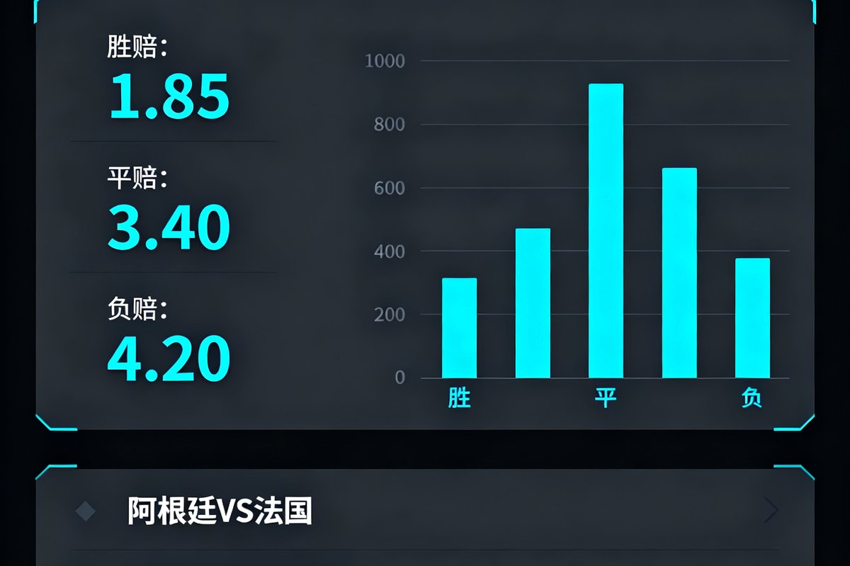 世界杯赔率网平台数据仪表盘界面，展示实时赔率数字、胜平负概率柱状图和球队对阵信息，深色主题设计
